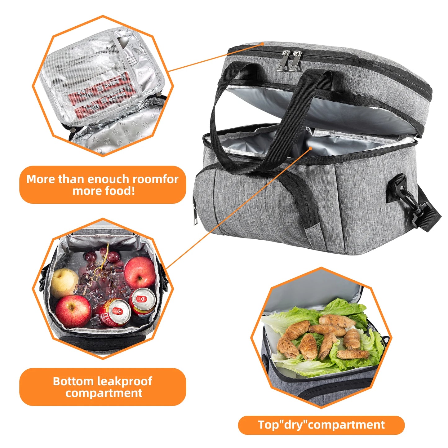 Double Insulated Lunch Bag Layer Portable Thermal Lunch Box Waterproof Picnic Heat Insulating Bag with Adjustable Strap