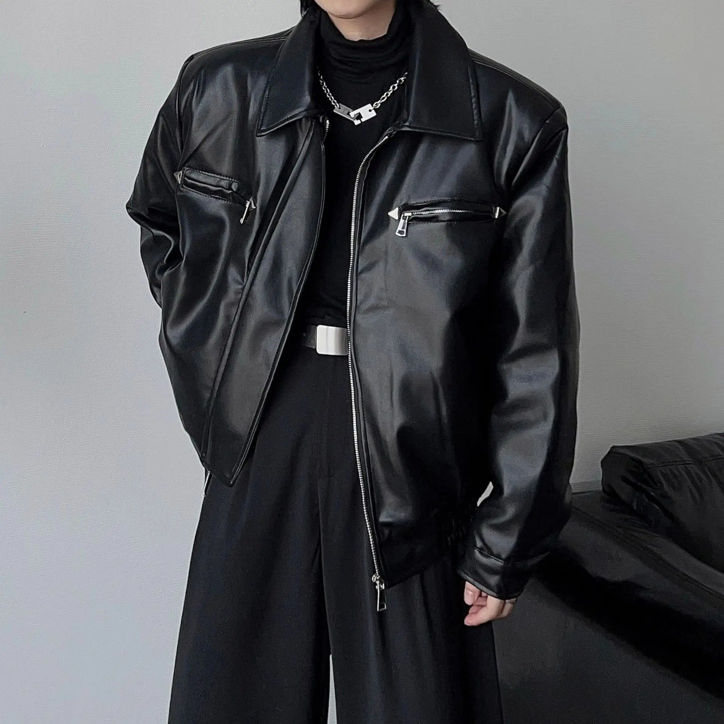 American PU Leather Coat Bomber Jacket Men Autumn Leather Jacket Men's Lapel Zipper Biker Jacket Men Clothing Coat Streetwear