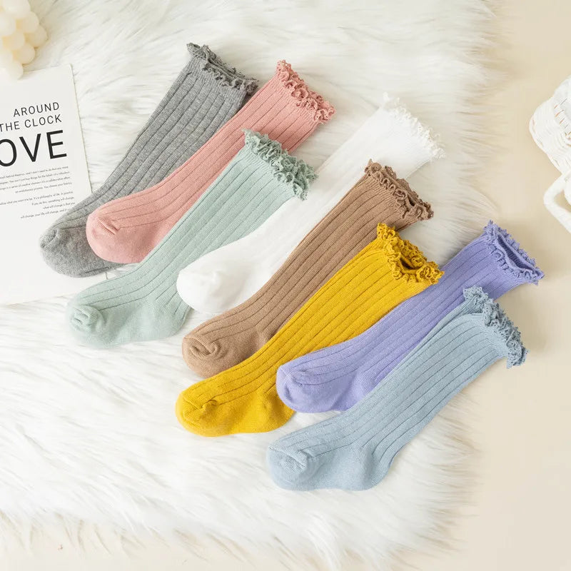Ruffle Kids Knee High Socks Baby Girls Toddlers Long Soft Cotton Sock Lace Flower Children School Uniform Socks For 0-8 Years