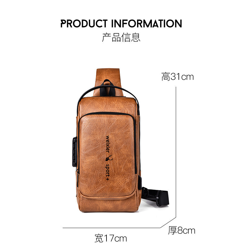 New Casual Chest Bag Travel shoulder bag Men Multifunction Anti-theft USB Charging Crossbody Bag Quality PU Leather Pack Male