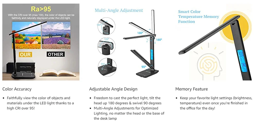 LED Desk Lamp, Office Table Lamp with Wireless Charger, Suitable for Home, Office Dimmable Desk Lamp, with USB Charging Port