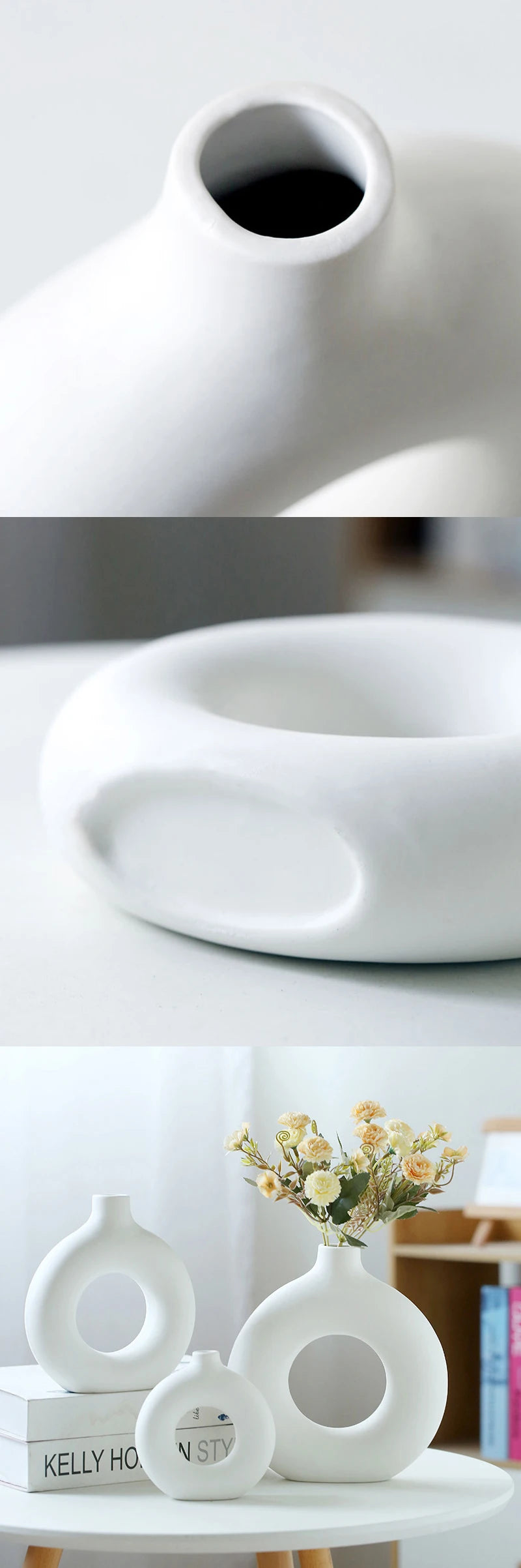 Nordic Plastic Flower Bottle Modern Style Circular Hollow Imitation Ceramic Fashion Living Room Home Office Desktop Decoration
