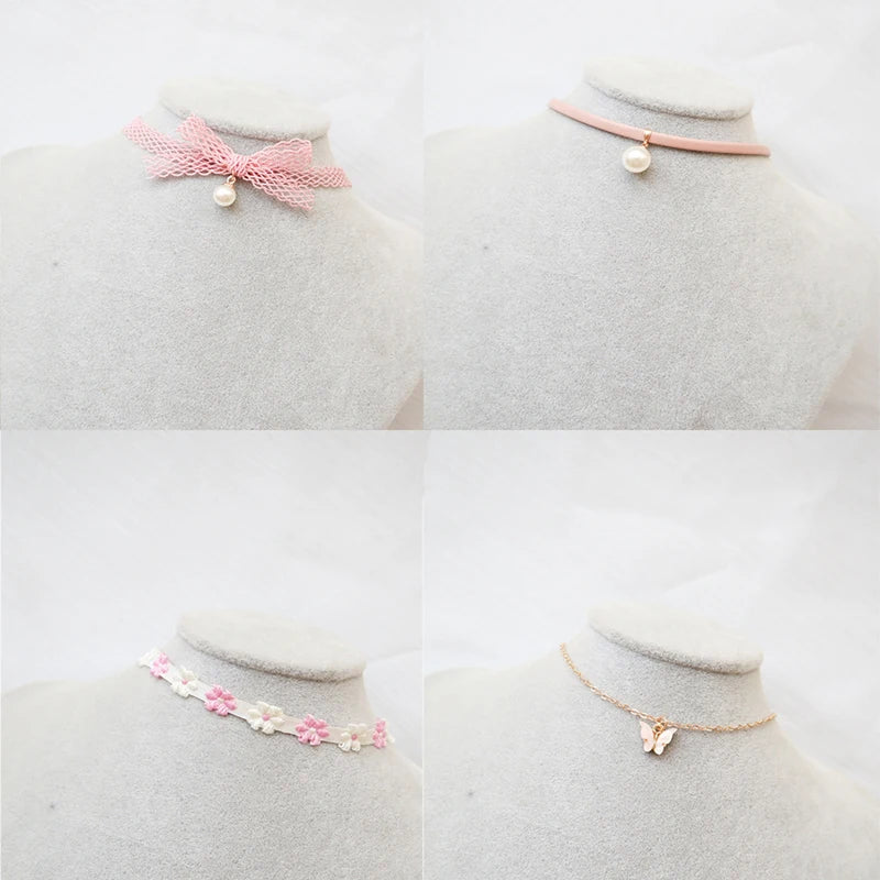 Fashion Women's Choker Necklace Lovely Gothic Pink Lace Pearl Pendant Elastic Short Clavicle Necklace Jewelry Gift For Girls