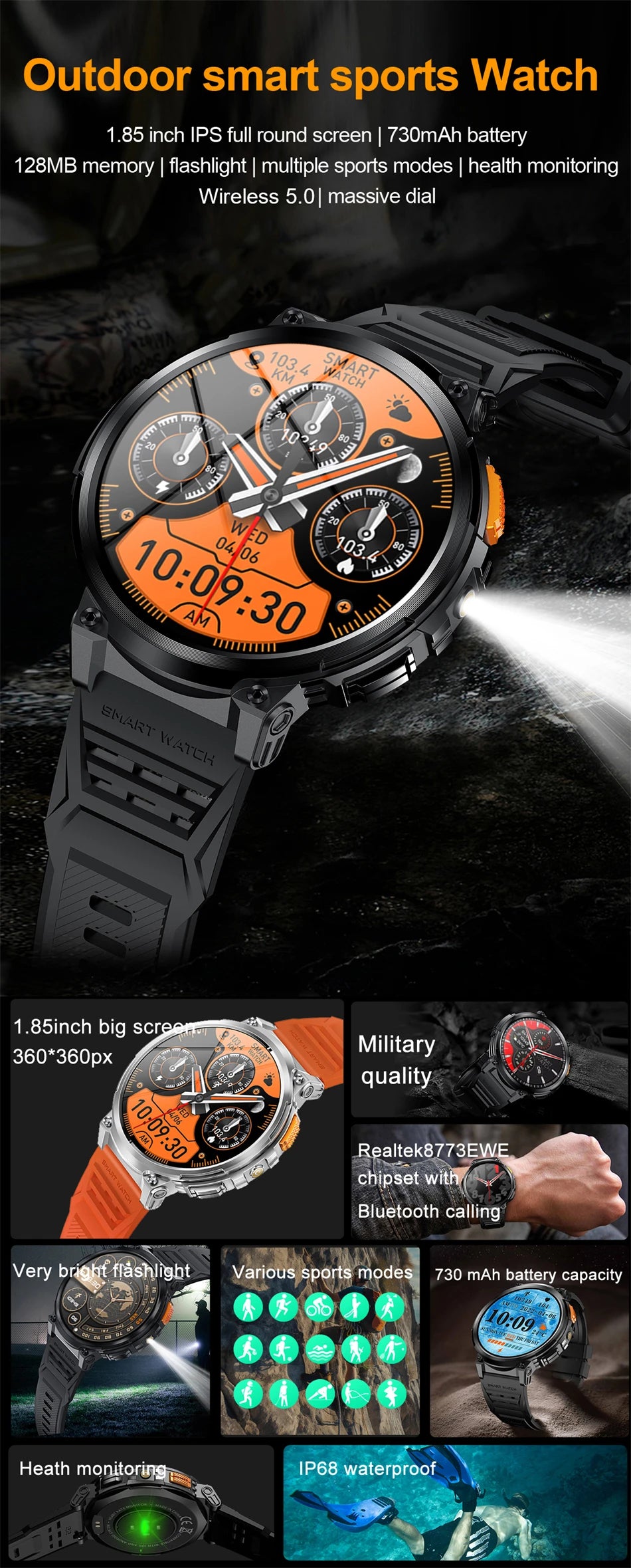 LIGE 1.85"HD Screen Outdoor Sport Smartwatch Men Heart Rate Flashlight Watch 730mAh Battery Waterproof Wireless Call Smart Watch