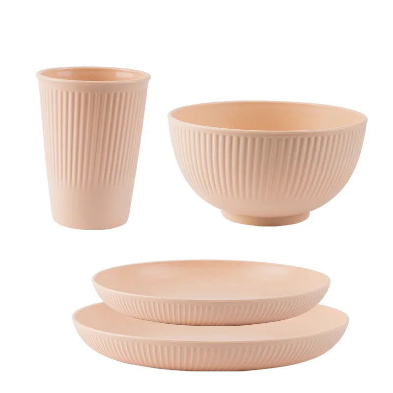 Wheat Straw Cutlery Set 4Pcs Bowl Cup Dish Set Portable Tableware Set Dinnerware Kits for Picnic Camping