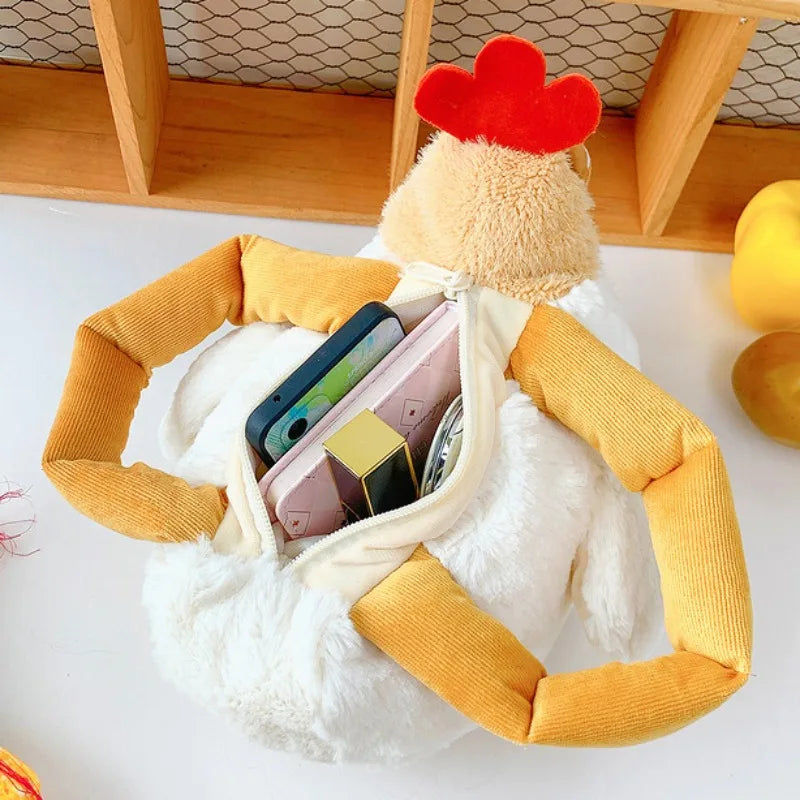 Fur Chicken Plush Bag Ugly Hen Shape Handbag Funny Kawaii Chicken Pendant Keychain Doll Satchel Purse for Women Birthday Gifts