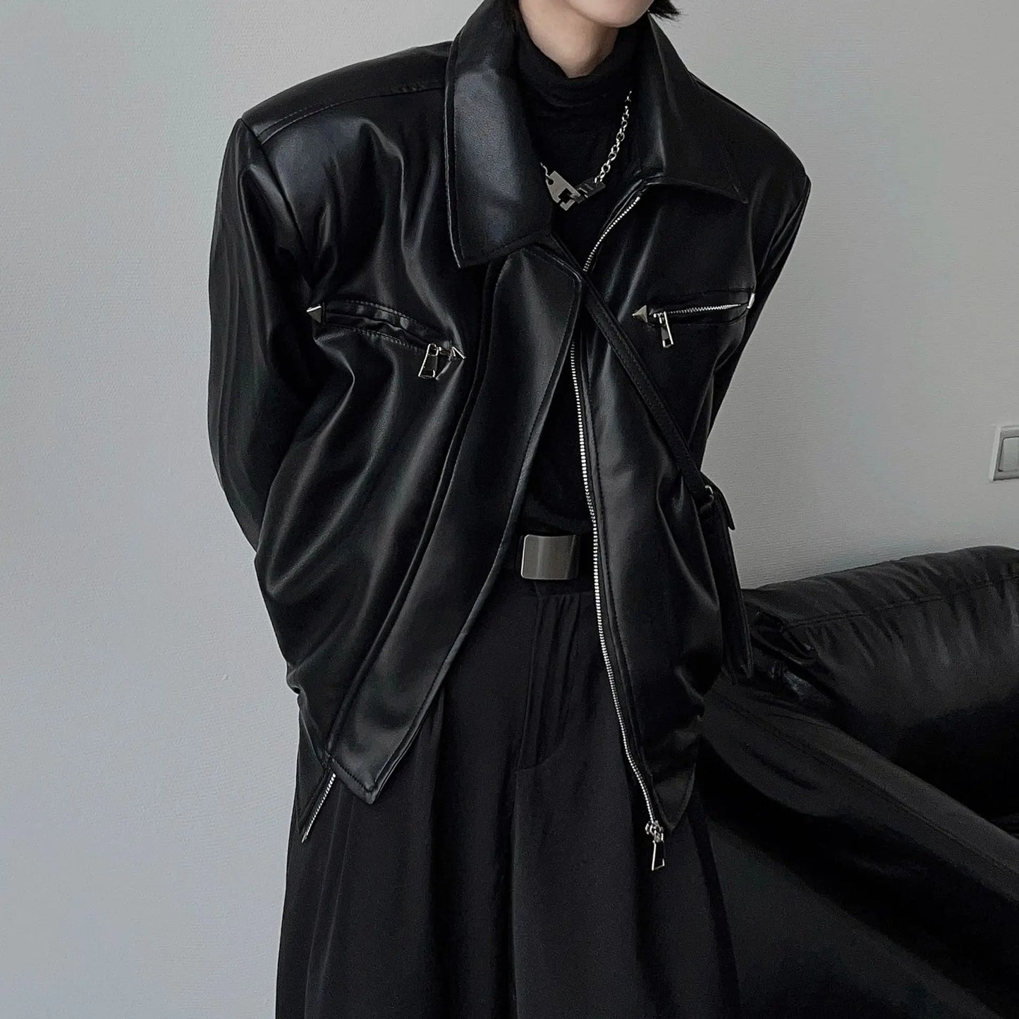 American PU Leather Coat Bomber Jacket Men Autumn Leather Jacket Men's Lapel Zipper Biker Jacket Men Clothing Coat Streetwear
