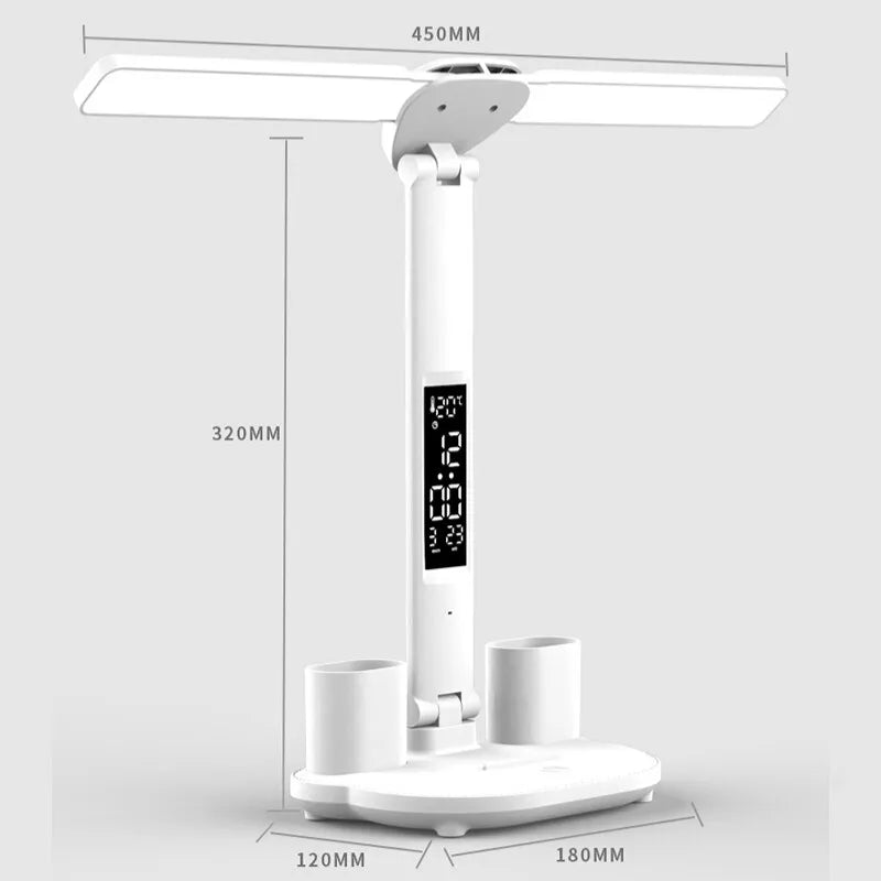 LED Table Lamp USB Chargeable Dimmable Clock Desk Lamps 2 Heads 180 Rotate Foldable Eye Protection Desktop Reading Night Lights