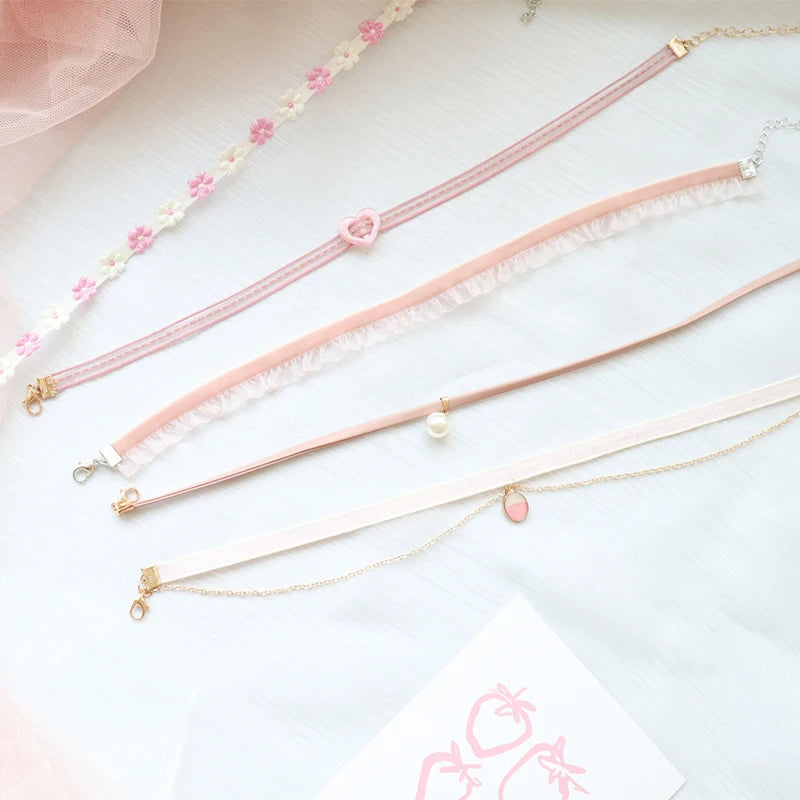 Fashion Women's Choker Necklace Lovely Gothic Pink Lace Pearl Pendant Elastic Short Clavicle Necklace Jewelry Gift For Girls