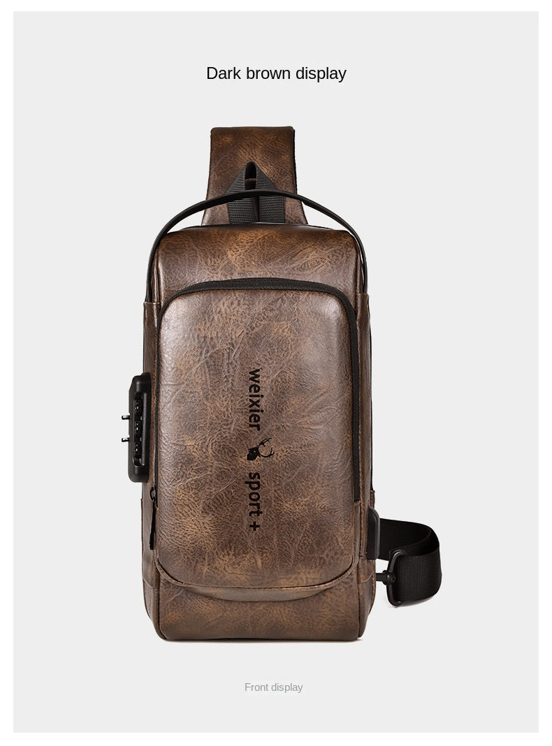 New Casual Chest Bag Travel shoulder bag Men Multifunction Anti-theft USB Charging Crossbody Bag Quality PU Leather Pack Male