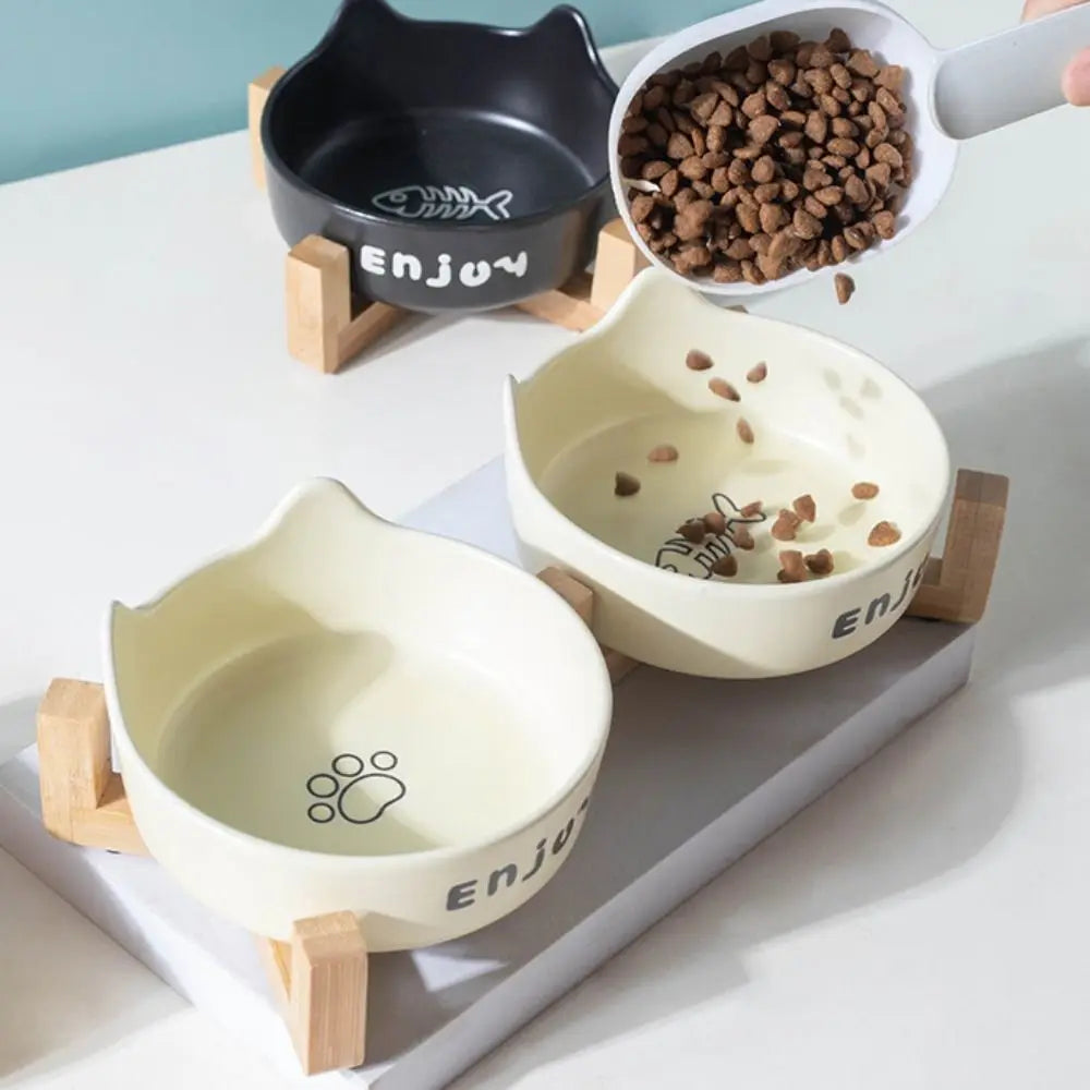 Ceramic Pet Bowl Cute Single/Double Bowl Dog Food Feeding Basin Large Capacity with Rack Pet Drinking Feeder Neck Protection
