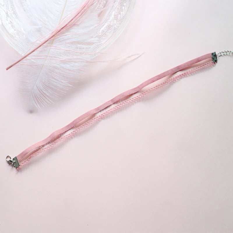 Fashion Women's Choker Necklace Lovely Gothic Pink Lace Pearl Pendant Elastic Short Clavicle Necklace Jewelry Gift For Girls