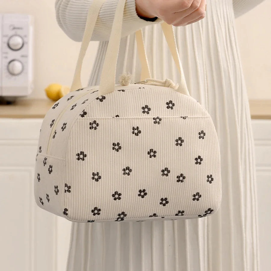 Portable Corduroy Lunch Bags Thermal Insulation Lunch Box Cute Print Women Lunch Storage Bag Picnic Bento Large Capacity Handbag