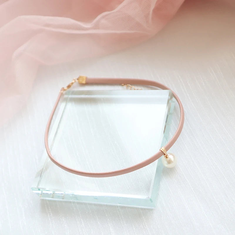 Fashion Women's Choker Necklace Lovely Gothic Pink Lace Pearl Pendant Elastic Short Clavicle Necklace Jewelry Gift For Girls
