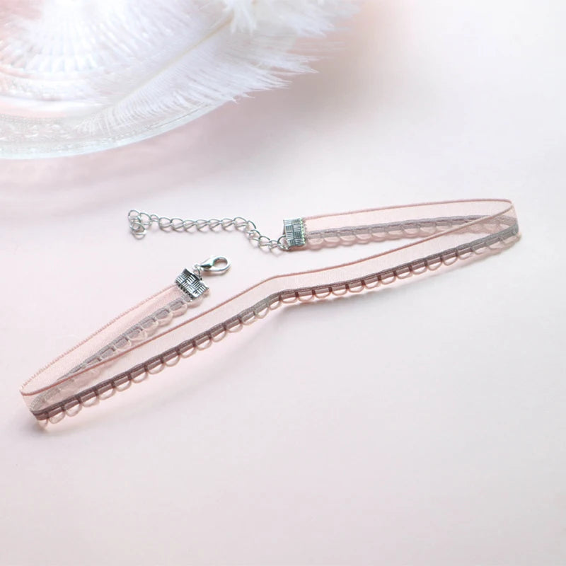 Fashion Women's Choker Necklace Lovely Gothic Pink Lace Pearl Pendant Elastic Short Clavicle Necklace Jewelry Gift For Girls