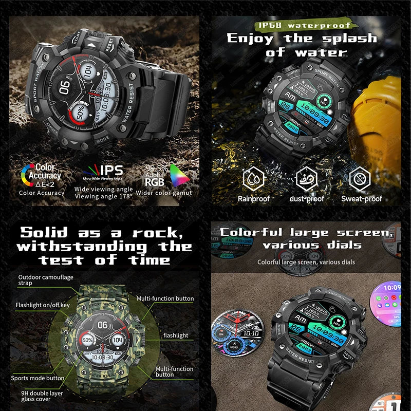 2025 Rugged Sport Smart Watch Bluetooth Calls Colorful Waterproof Military Smartwatches with Flashlight SOS COMPASS for Phone
