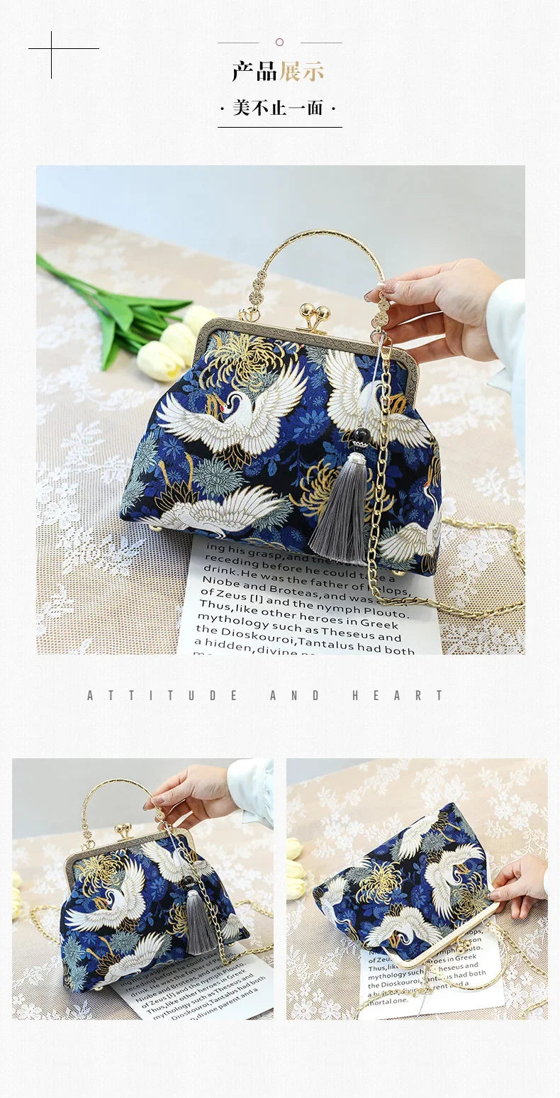 Fashion Vintage Fringe Bag Small Shell Bags Chain Women Shoulder Crossbody Bag Crane Flying Women's Handbags Purses Embroidery