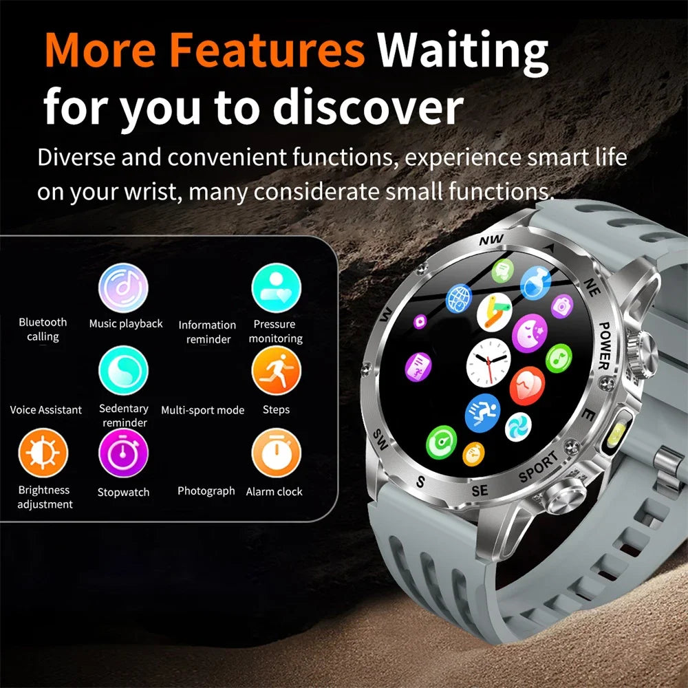 Outdoors Smart Watch Men Women BT Call Health Music 800Mah Battery Smartwatch Flashlight Compass Sports Fitness IP68 Waterproof