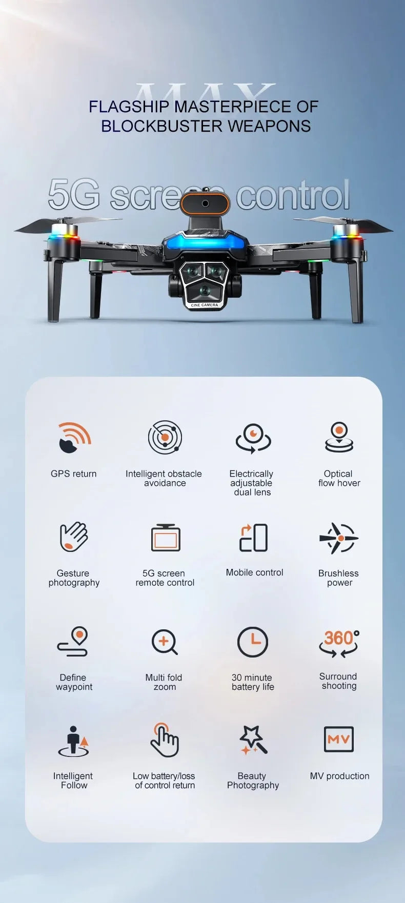 Drone A14ProMax GPS 4KHD Camera LCD Touch Screen Remote Control Quadcopter 360 ° Obstacle Avoidance Brushless RC Drone Toys