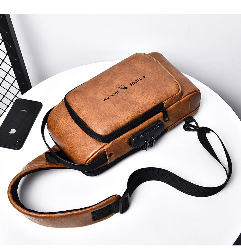 New Casual Chest Bag Travel shoulder bag Men Multifunction Anti-theft USB Charging Crossbody Bag Quality PU Leather Pack Male
