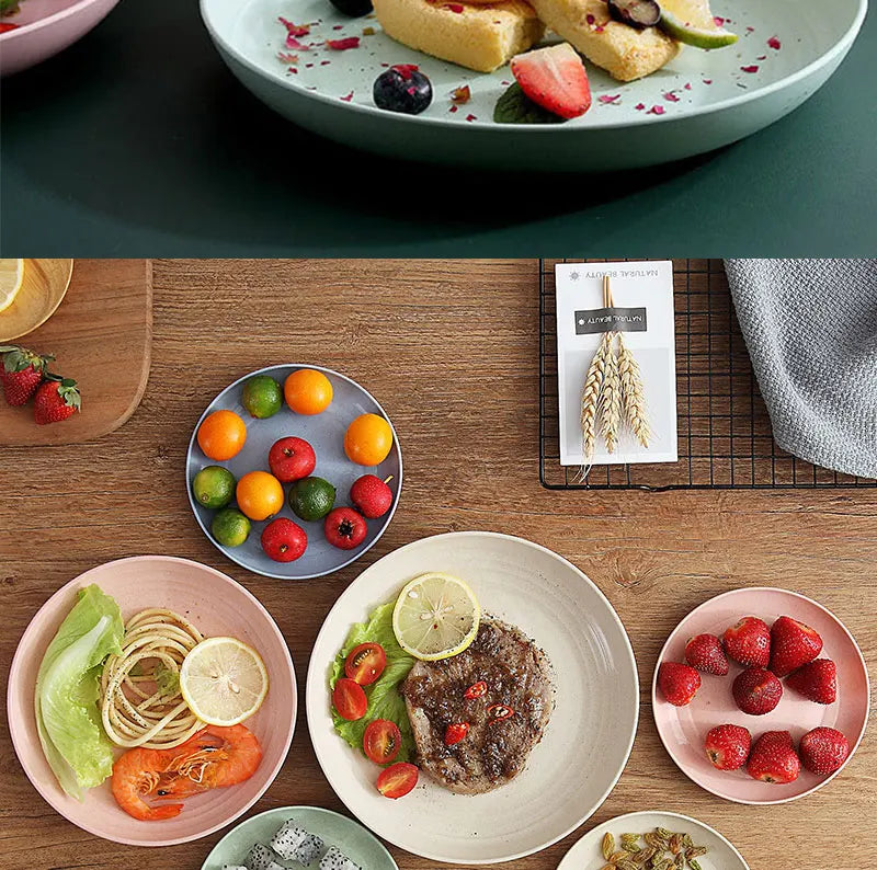 Wheat Straw Solid Color Round Plates Salad Dessert Dinner Reusable Microwave Safe Anti Fall And Shatter Plates Fruit Plate