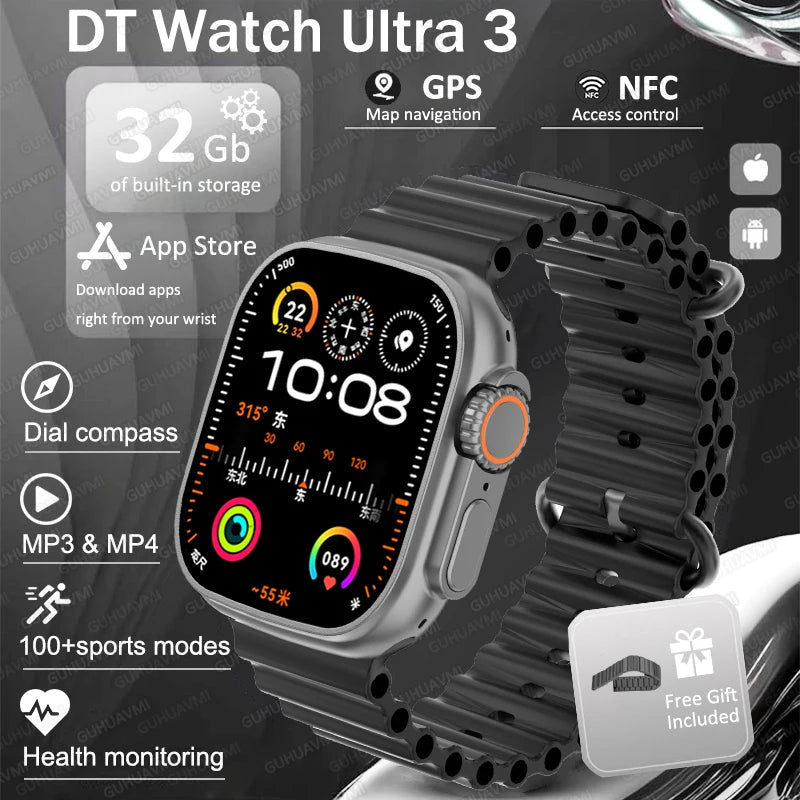 DT Ultra 3 Pro Smart Watch HD AMOLED Screen 32GB MP3 MP4 Player APP Store GPS Navigator ChatGPT NFC Sports Smartwatch Men Women