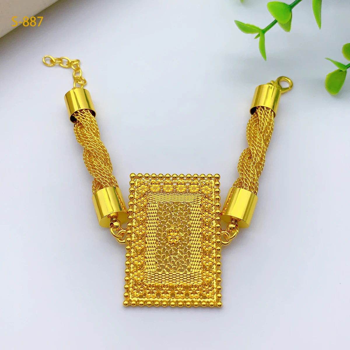 Luxury Dubai Rectangle Necklace And Earrings Jewelry Sets For Women Ethiopian Indian Bridal 24k Gold Color Set Wedding Party