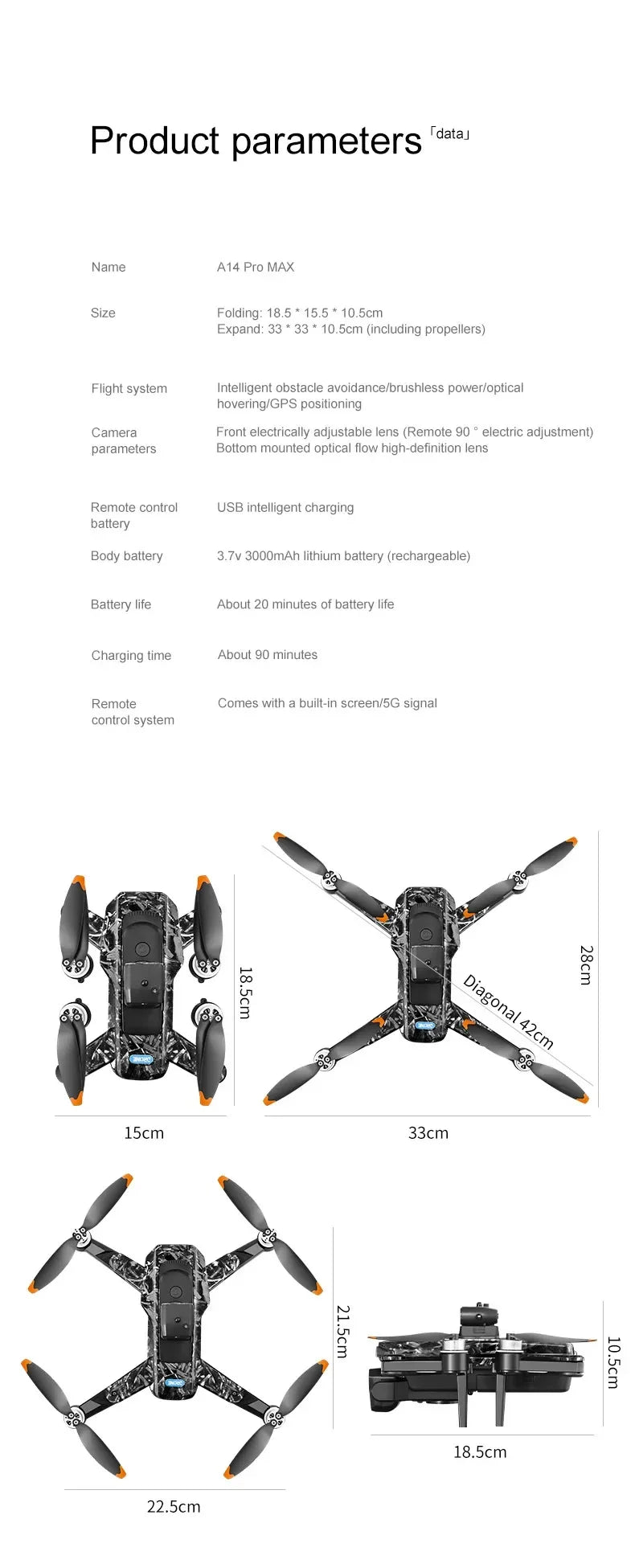 Drone A14ProMax GPS 4KHD Camera LCD Touch Screen Remote Control Quadcopter 360 ° Obstacle Avoidance Brushless RC Drone Toys