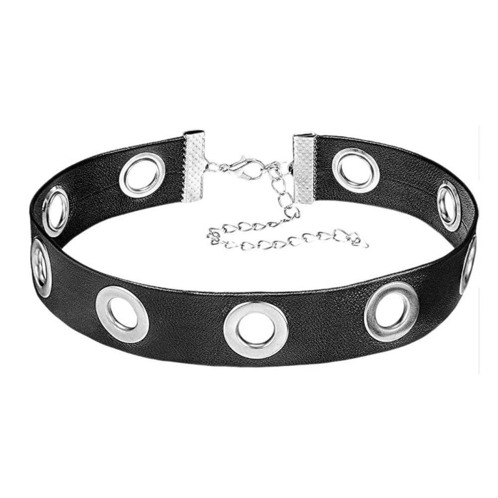Round Choker Necklaces Collar Black Pu Leather Gothic Accessories Woman Punk Chocker Cosplay Jewelry
