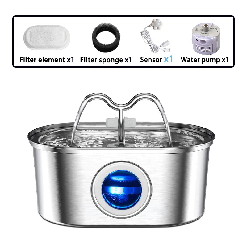 108oz/3.2L Cat Water Stainless Steel Pets Dispenser With LED Light Silent Pump Automatic Fountain For Cat Dog Drinking Bowl