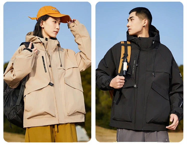 Men’s Hooded Outdoor Windbreaker Jacket Windproof Coats Warm Tactical Coat with Multi Pockets for Hiking Camping Travel Autumn