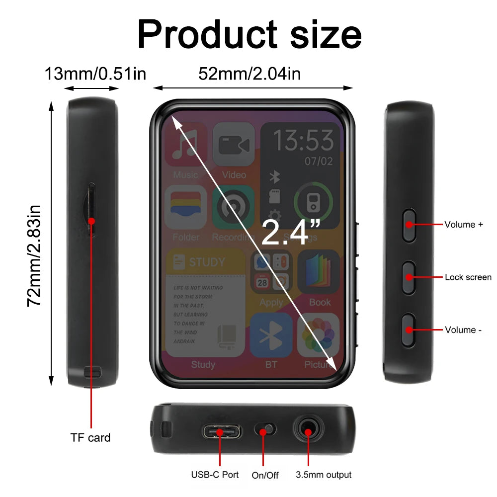 2025 New Bluetooth 5.4 Touch Screen MP3 Player HiFi Lossless Music Play Built-in Speaker 32GB Support Recording E-Book
