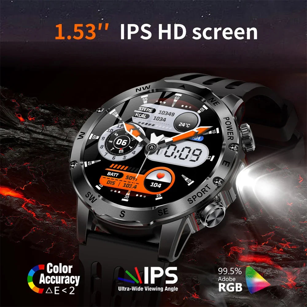 Outdoors Smart Watch Men Women BT Call Health Music 800Mah Battery Smartwatch Flashlight Compass Sports Fitness IP68 Waterproof