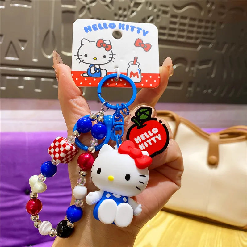 Wholesale Sanrio Keychain Hello Kitty Schoolbag Pendant Kawaii Kt Red Blue White Cartoon Key Kitty Tv Beaded Keyring Girl Gift 