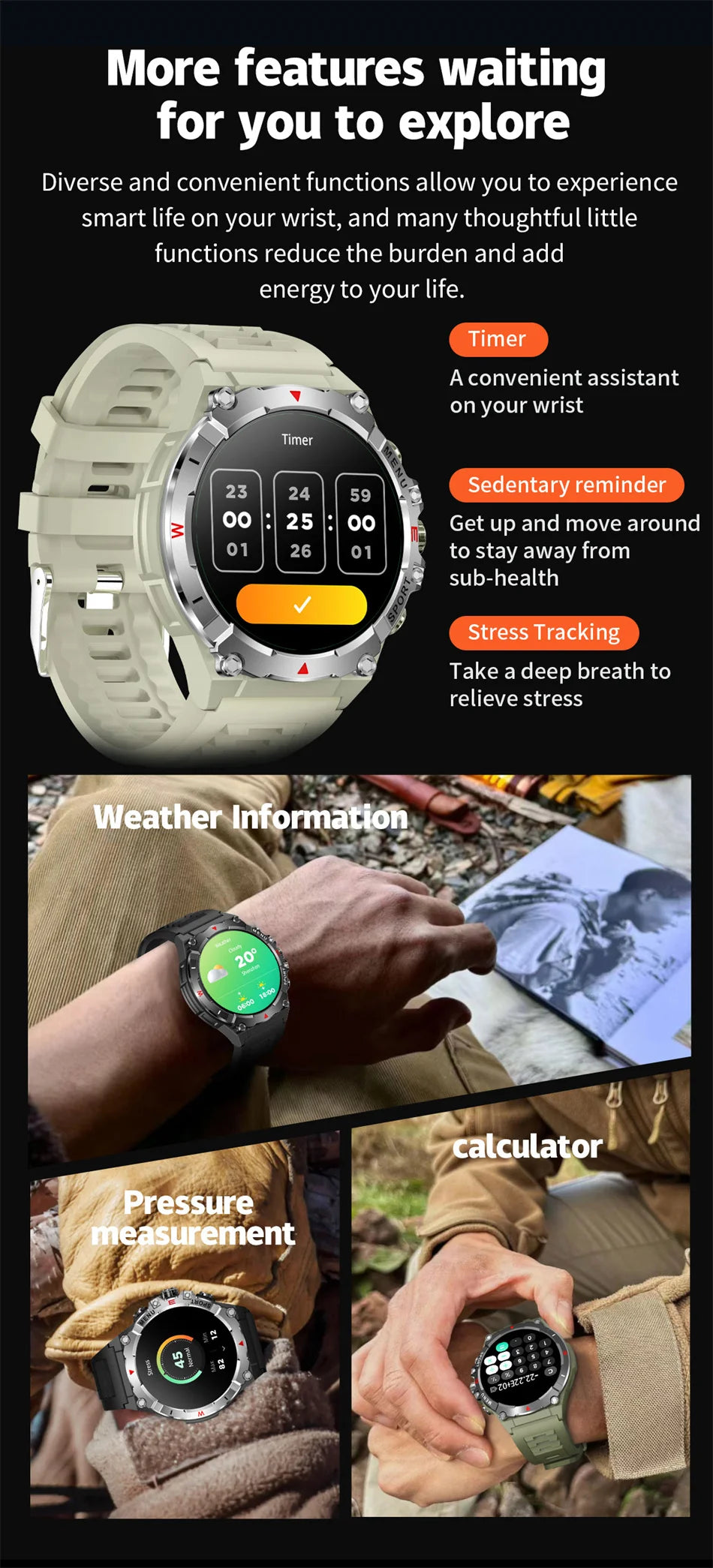 Military GPS Smart Watch Men AMOLED HD Screen Altitude Compass Heart Rate Sports Watch BT Calling IP68&10ATM Waterproof Watch