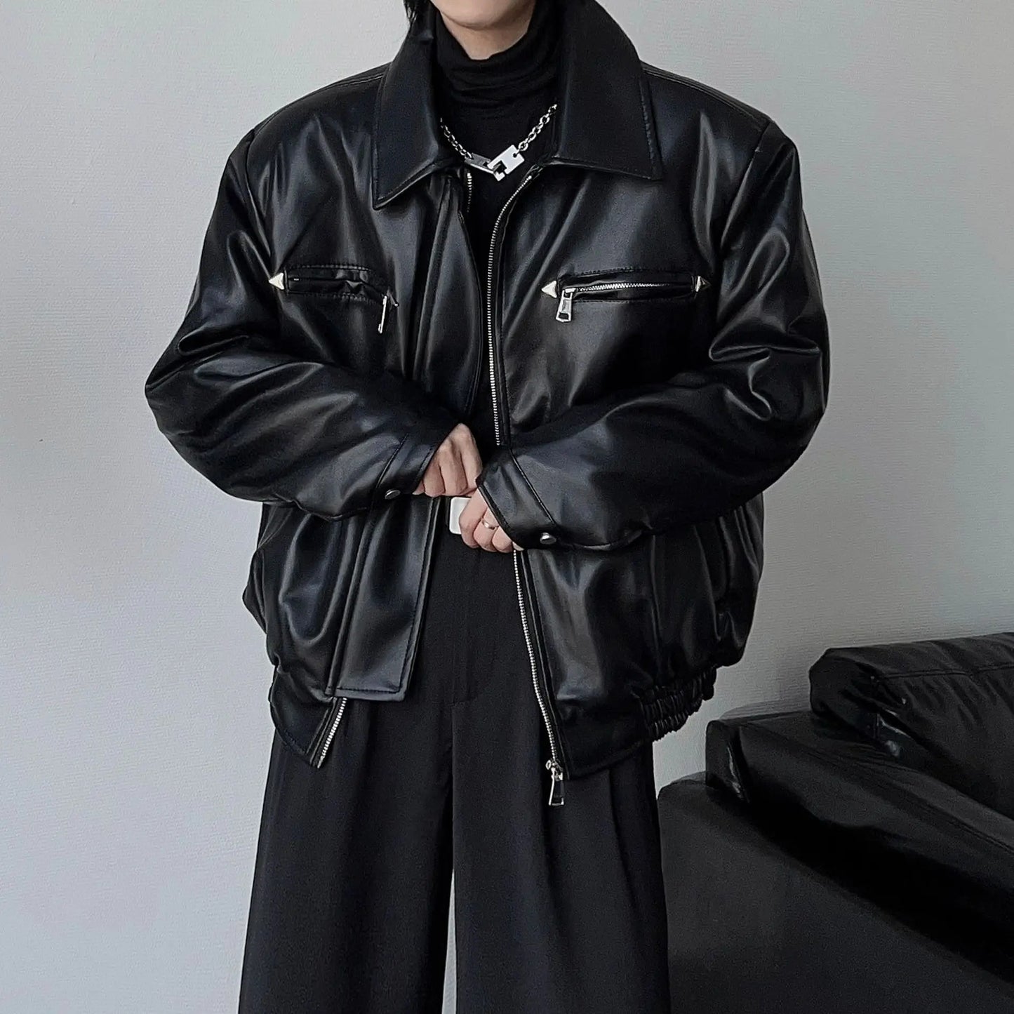 American PU Leather Coat Bomber Jacket Men Autumn Leather Jacket Men's Lapel Zipper Biker Jacket Men Clothing Coat Streetwear
