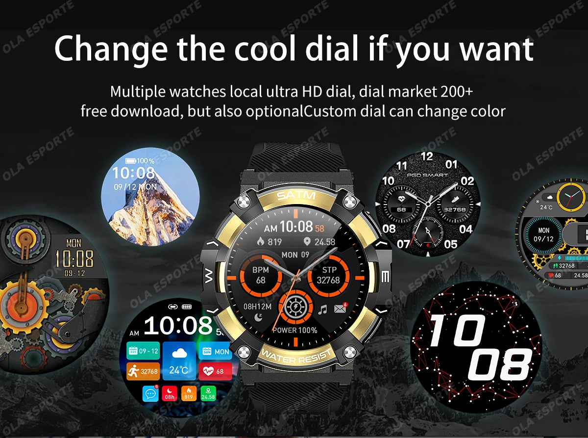 New Outdoor Military Smartwatch For Men Health Monitor Bluetooth Call Voice Assistant GPS Sports Waterproof Men Smartwatch 2024