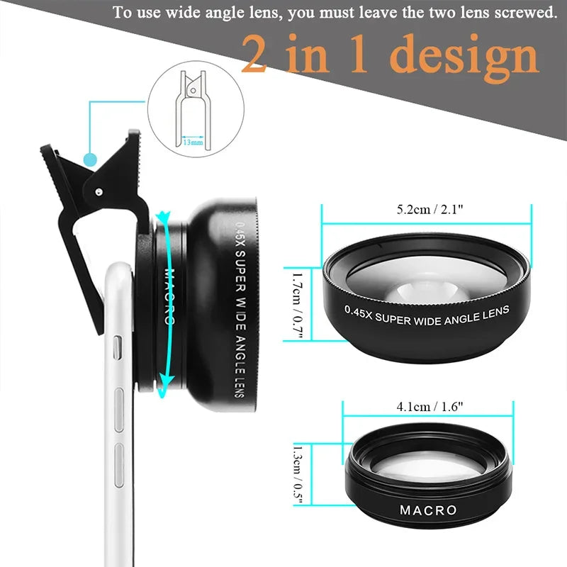 Daily Phone Camera Lens 0.45X Ultra Wide Angle + 12.5X Macro Lens Universal Clip-On Camera Lens For Most Smartphones