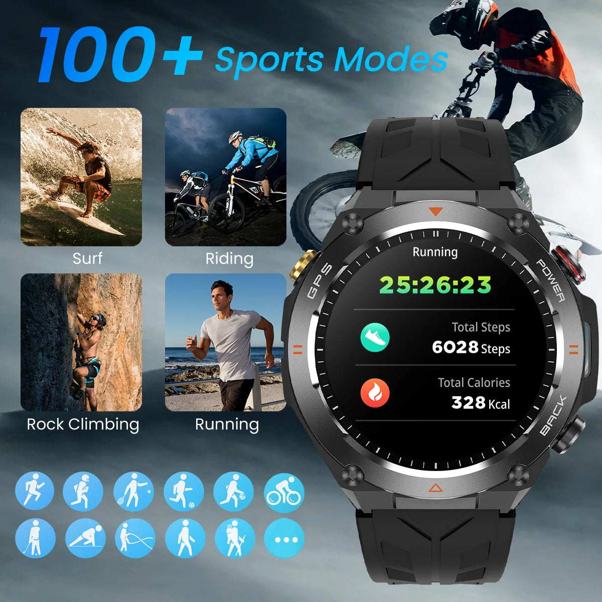GPS Smart Watch Men Flashlight IPX8 Waterproof Compass 650mAh wireless Call Smartwatch 100+ Sports Modes Outdoor Sport Tracker