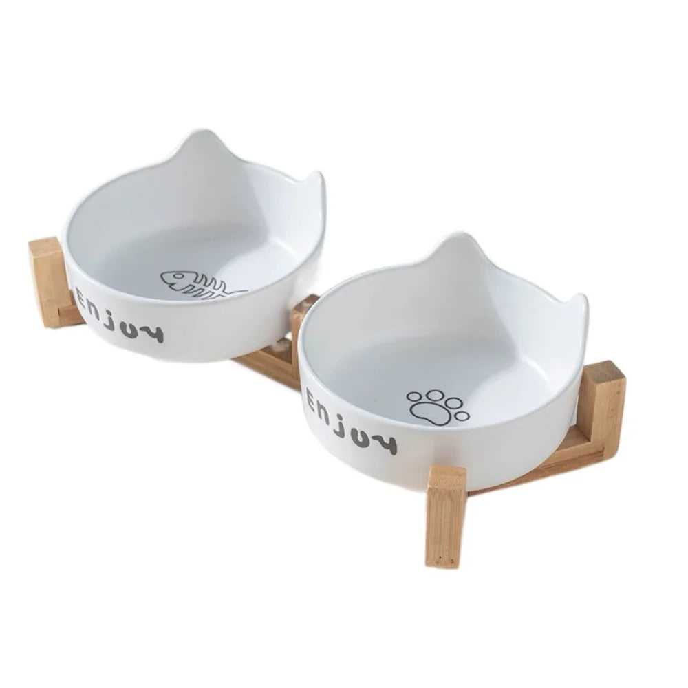 Ceramic Pet Bowl Cute Single/Double Bowl Dog Food Feeding Basin Large Capacity with Rack Pet Drinking Feeder Neck Protection