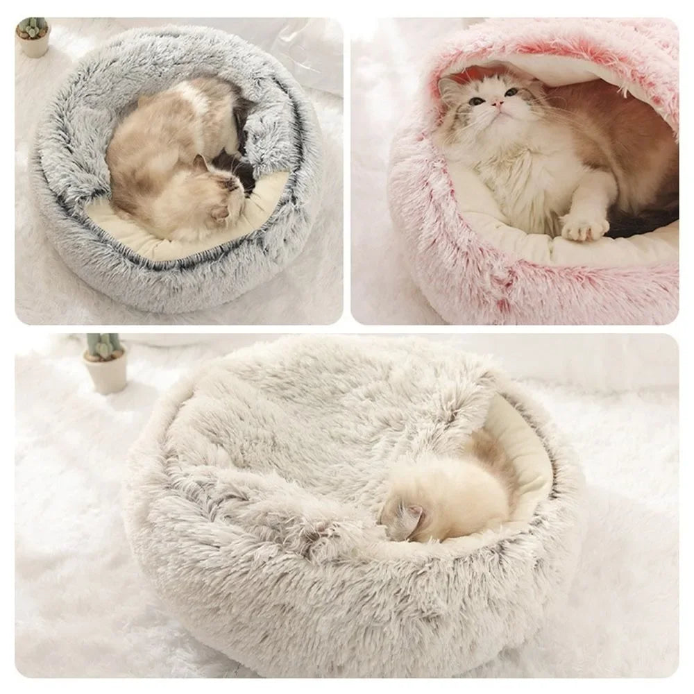 Soft Warm Long Plush Pet Bed Enclosed Round Cat Cushion Comfortable Sleep Bag Cat Nest Kennel for Small Pet Cat Nest