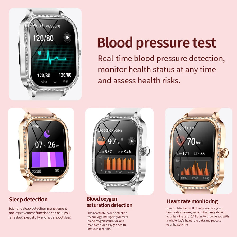 New Fashion Women Smart Watch 1.75inch Curved Screen Sports Bracelet BT HD Calling Clock IP68 Waterproof Diamond Case Smartwatch