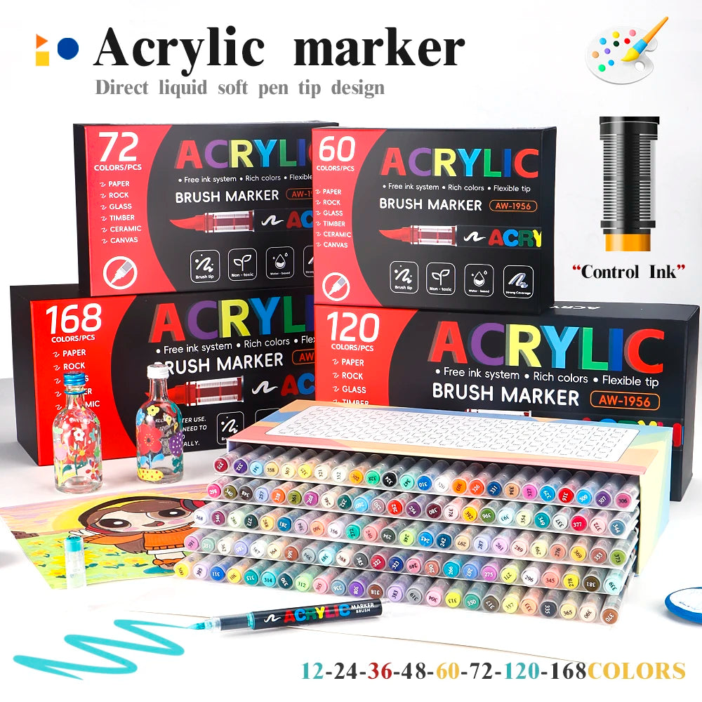 60/72/120/168 Color Acrylic Paint Pen Marker Brush Tip Paint Marker For Rock Painting Wood Canvas Stone Christmas Gift DIY Craft
