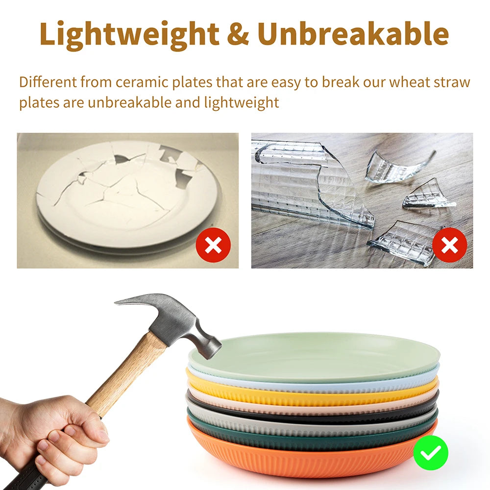 23cm Round Salad Dessert Dinner Plate Stackable Unbreakable Reusable 4Pcs Wheat Straw Dish Microwave Safe Fruit Plate for Dining