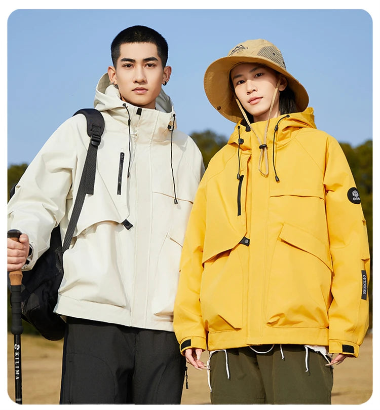 Men’s Hooded Outdoor Windbreaker Jacket Windproof Coats Warm Tactical Coat with Multi Pockets for Hiking Camping Travel Autumn