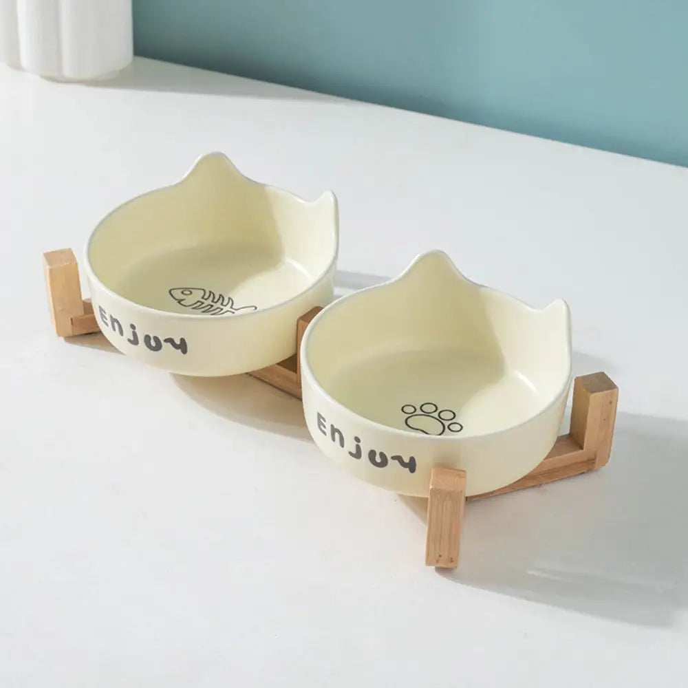 Ceramic Pet Bowl Cute Single/Double Bowl Dog Food Feeding Basin Large Capacity with Rack Pet Drinking Feeder Neck Protection