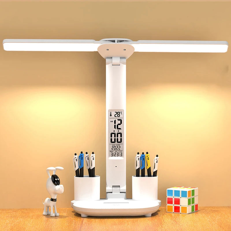 LED Table Lamp USB Chargeable Dimmable Clock Desk Lamps 2 Heads 180 Rotate Foldable Eye Protection Desktop Reading Night Lights