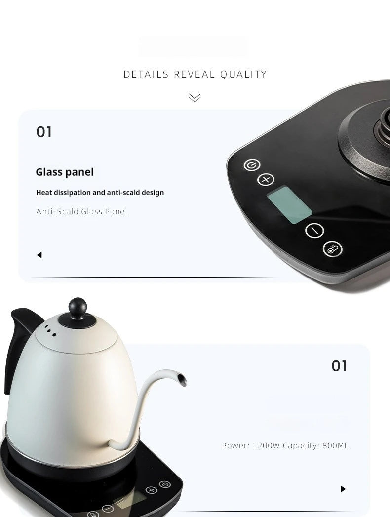 800ml Hand Brew Coffee Pot Intelligent Constant Temperature Electric Kettle Gooseneck Fine-mouth Stainless Steel Teapot Kettles