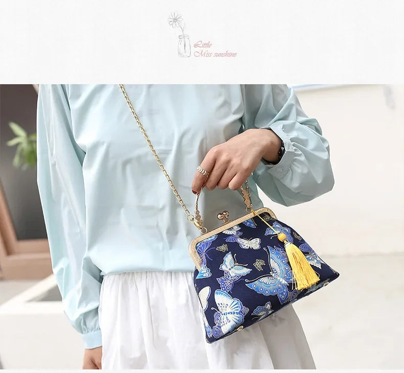 Fashion Vintage Fringe Bag Small Shell Bags Chain Women Shoulder Crossbody Bag Crane Flying Women's Handbags Purses Embroidery