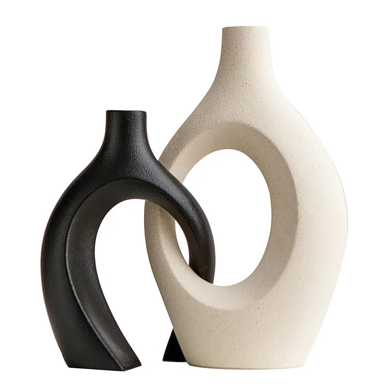 , Hollow Cuddled Ceramic Vase, 2 for Modern Home Decoration, Boho Donut Vase, Black and White Minimalist Decorative Flowerpot